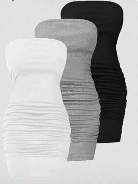 NWOT SHEIN Set of 3. Strapless Ruched Ribbed Bodycon Dress - White, Gray & Black
